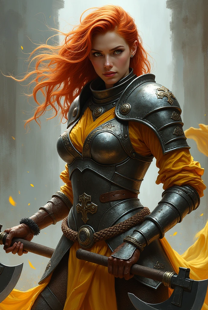 female, redhead, dual-wielding axes, wearing armor with yellow cloth, fighter, warrior, portrait