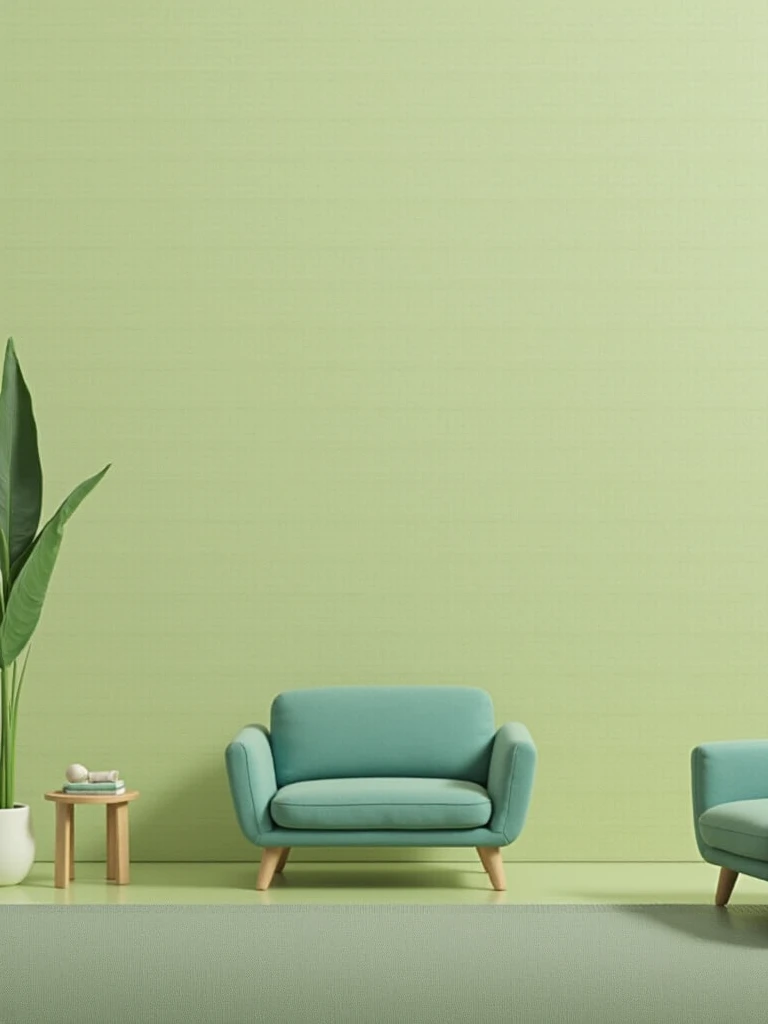 Make a drawing room with given promptgreen colour wall.grey colour carpet on the floor. With blue colour sofa.