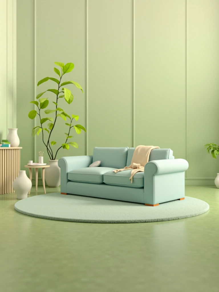 Make a drawing room with given promptgreen colour wall.grey colour carpet on the floor. With blue colour sofa.