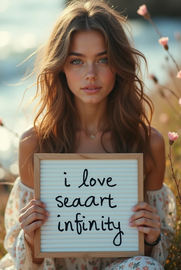 Beautiful girl with wavy long hair, bohemian dress, holding a white board with text "I Love Seaart Infinity" and showing it to the viewer