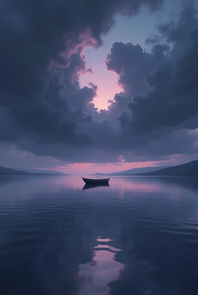undisturbed water on the ground reflecting the black-purple clouds from the sky. there's a boat on the water staying still.