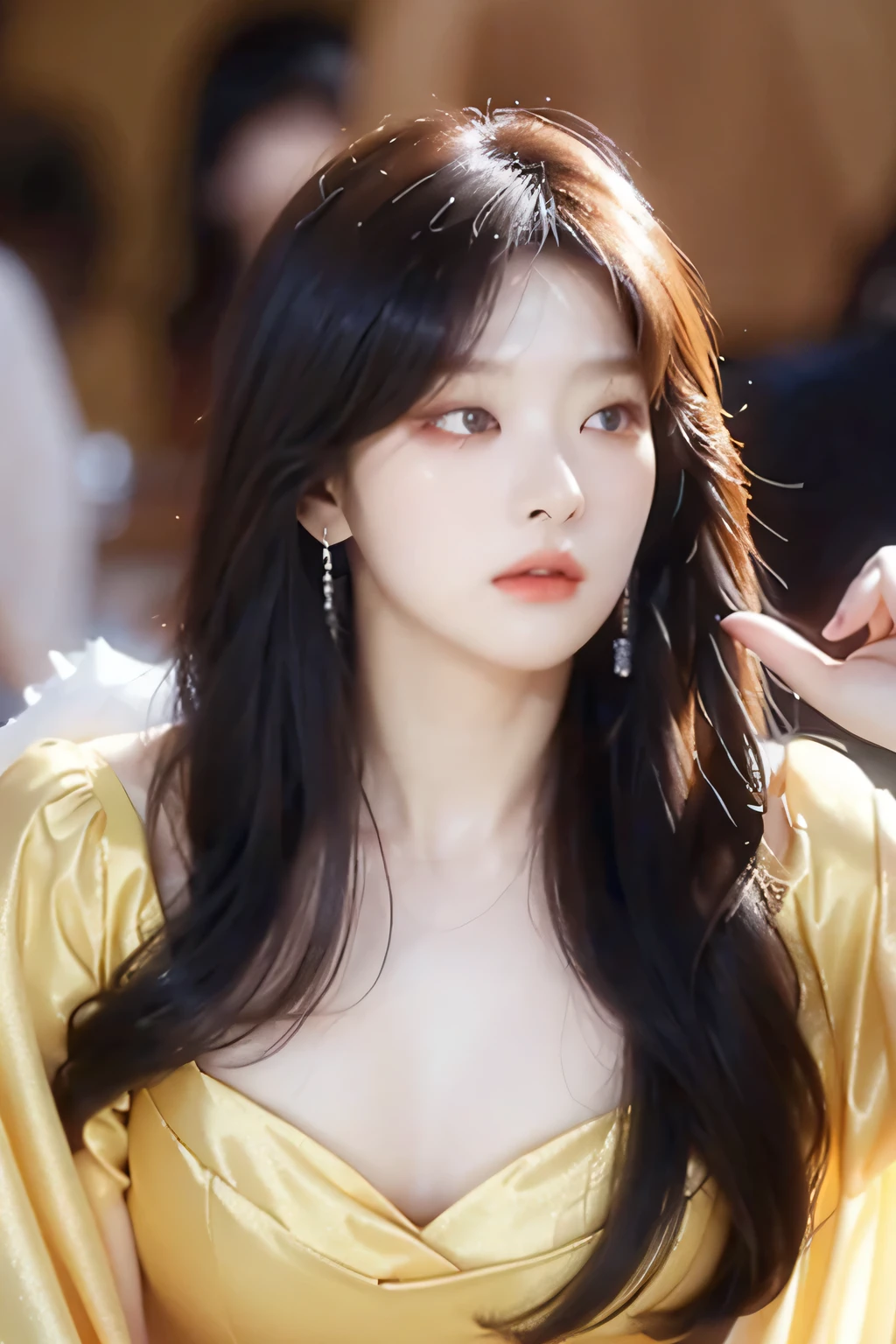 Seulgi rv, yellow satin gown, long hair, beautiful detailed eyes, beautiful detailed lips, extremely detailed face, longeyelashes, elegant pose, dramatic lighting, cinematic, chiaroscuro, dramatic shadows, moody, atmospheric, photorealistic, 8k, best quality, masterpiece