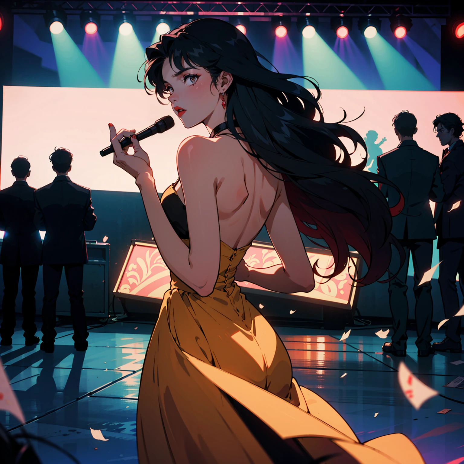 Jazz Singer, Singing on stage, A dress with atmosphere, Adult women , Mysterious look, (Backlight: 1.1), A scene from a movie, Soft Shadows, masterpiece, Highest quality, Complex, Model shooting style, Film Grain, Side Shot、Red lipstick、Blue tones