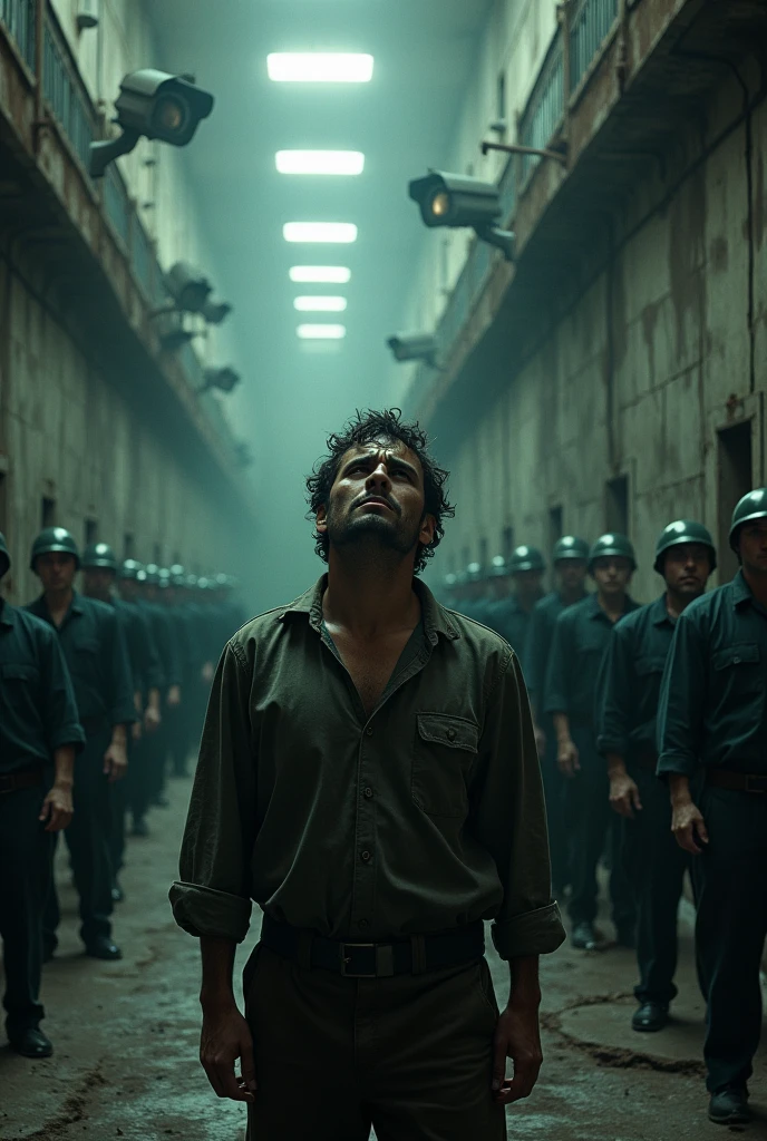 A prison with many guards , a man crying wearing a torn cloth ,and many cameras