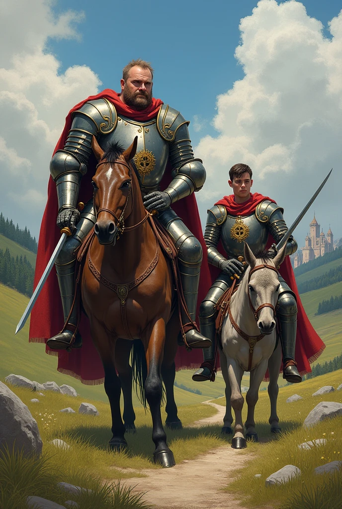 Two men, one fat and the other thin, from medieval times dressed as knights with armor and swords, One riding a horse and the other on a small donkey.
