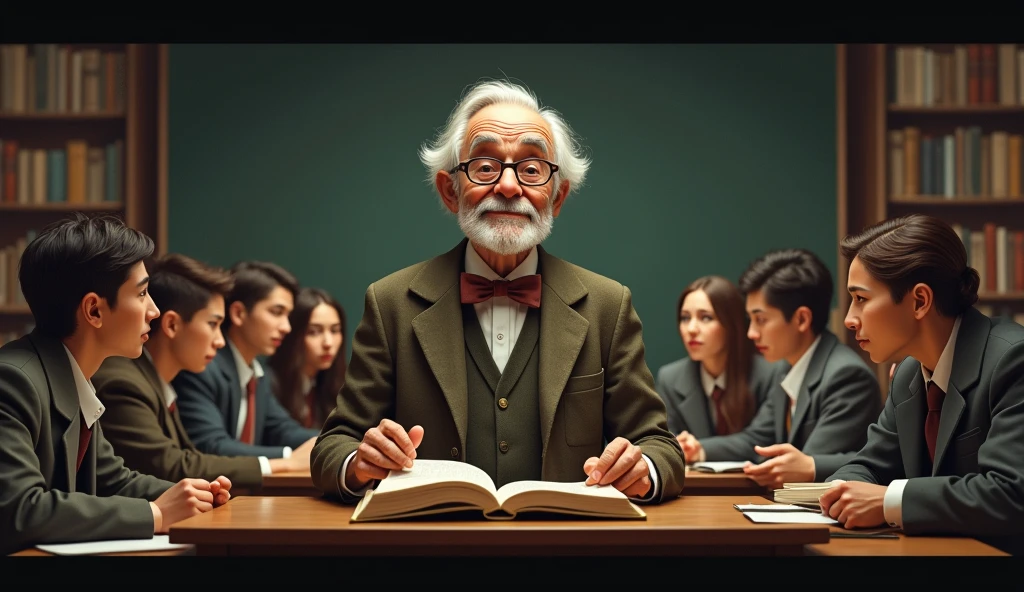 An old professor wearing glasses reflecting profound ancient wisdom is teaching students in a classroom with a smiling face.