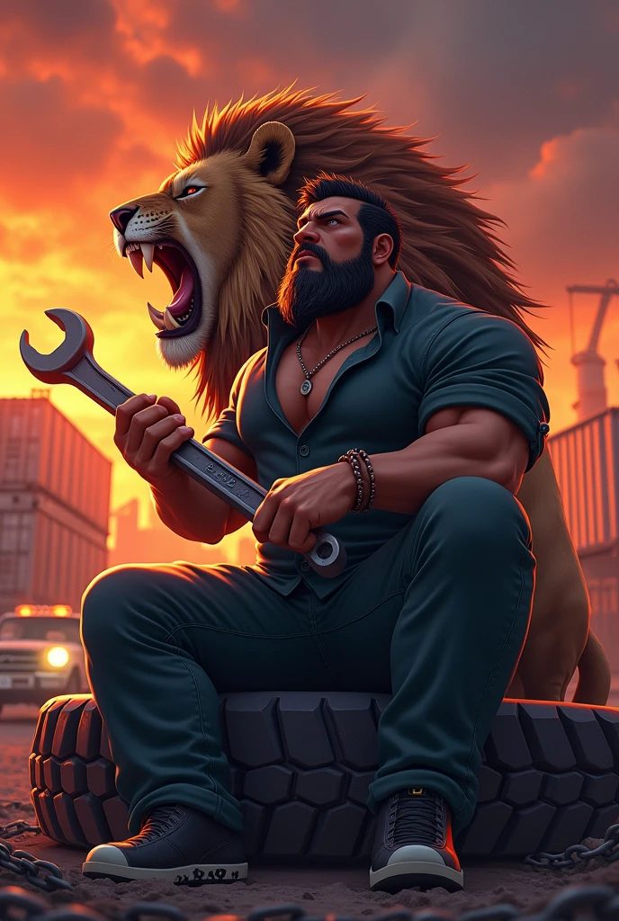 Create a anime style landscape image. Anime ,Dramatic and intense digital artwork featuring a rugged man with a stern expression, sitting on a large tire with chains. He has a medium skin tone, a thick beard, and tousled dark hair. He is dressed in a dark shirt and jeans, holding a large wrench. Behind him, there is a roaring lion with a majestic mane, adding to the fierce atmosphere. The background is filled with an orange and red fiery glow, with industrial elements like containers and a car with headlights on. The overall composition is dynamic and powerful, emphasizing strength and determination.