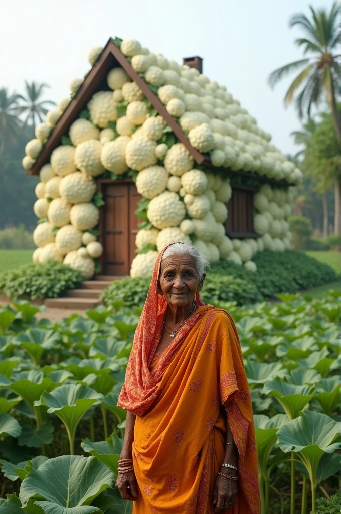 A photo of a poor old Indian woman standing outside a giant house made entirely of cauliflowers. She is wearing a traditional Indian dress and has a kind smile on her face. The background reveals a lush green field. The cauliflowers are arranged to form the structure of the house, including the roof.