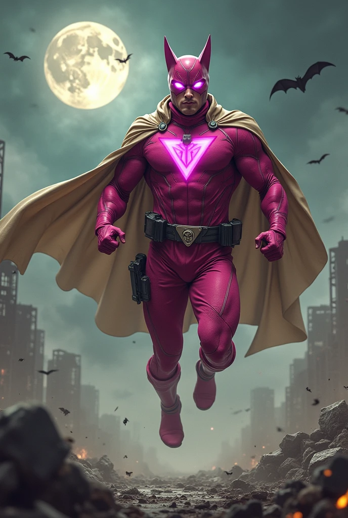 Malaysia man in high-tech suit, vivid effects, malaysian superhero(( (KELUANG MAN)) in a striking pink and brown beige costume cyberpunk design((, mask small mini bat ear beige,)) daredevil beige mask, jumpsuit dark pink stands confidently in a dramatic.jumping from high place.hero costume.one hand rise up. (Big triangle logo on the chest.high detail Punisher logo on the chest)). jumping from hight place. Fighting pose , stormy landscape. ((Head covered node guard like batman. Running pose , athletic body type, small mini ear bat mask))The character wears domino mask a helmet with pointed mini torn ears and a flowing cape biege, open nose and mouth. Equipped with visible futuristic weapons on a belt,bullet proof jacket pink dark day.show fingers pose, dark night, big supermoon effect . Small logo on chest triangle shape small ((mitch gerads punisher ))logo center triangle cyber logo center on chest pink logo mini logo . rocky. Building top.smoke ground , bomb effect background, losse pants, losses costume.adding to --ar 3:4 --style raw --stylize 500 --v 6.1. chaos. Lot of small flying bat. One leg on the high stone. Man. Backpack . Real man age 40 year old. One hand holding belt. Jump from high place. Open cape.