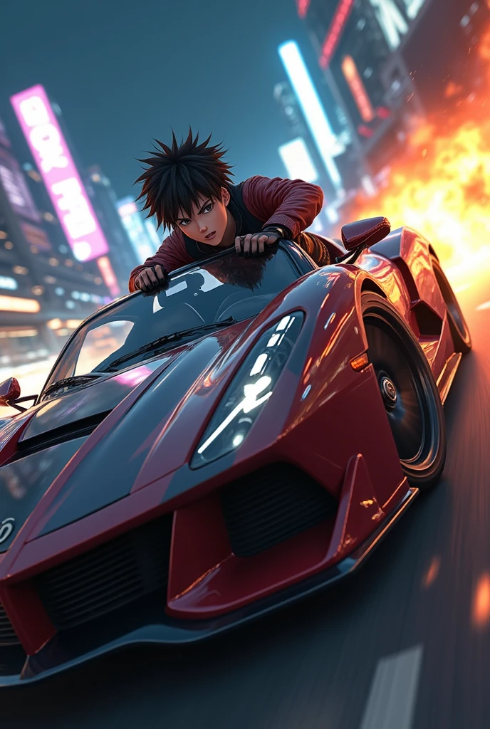 An anime boy in an action movie driving a car