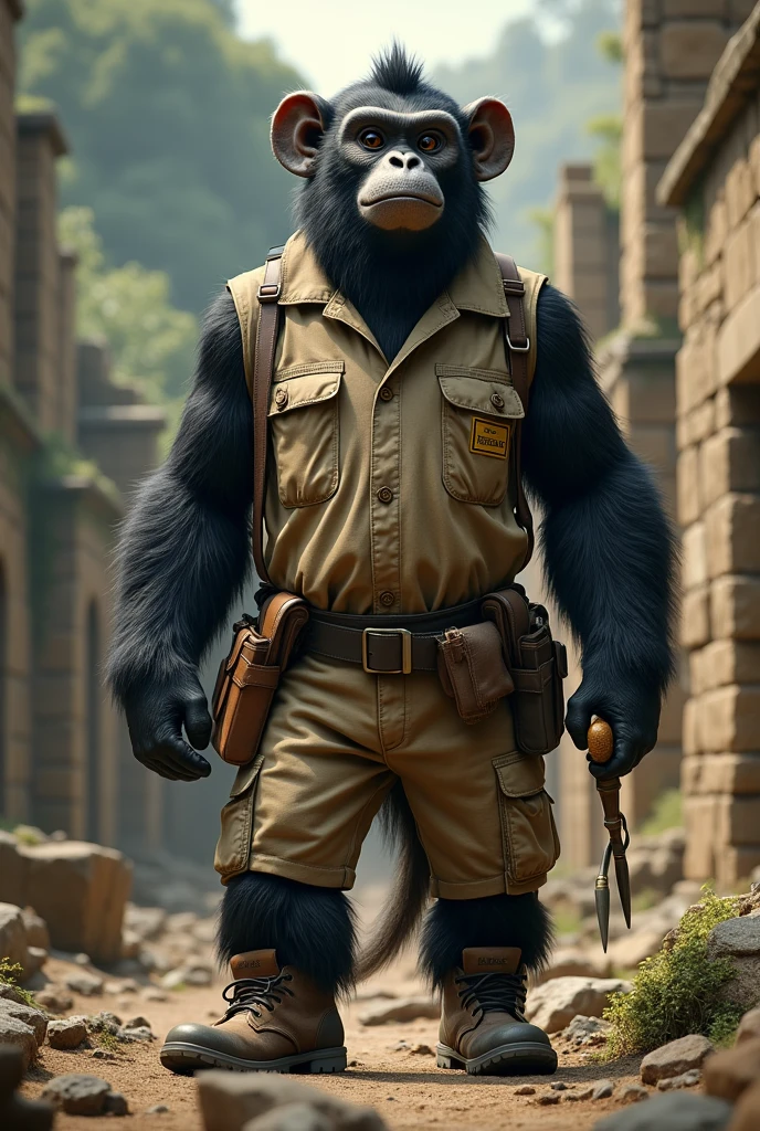 A large female black howler monkey wearing an archaeologist&#39;s clothes and an archaeological site behind him realistic, real, high resolution detail, full photo like real
