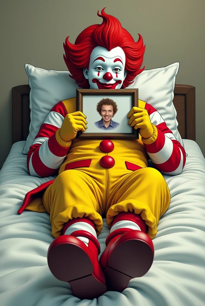 image size 1:1 of Ronald McDonald lying on a bed, holding and looking at a framed photo with the camera angle to the side. The image must be in comic book style