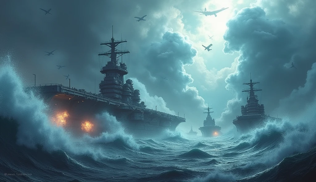 2024; (masterpiece, best quality) destroyed sea; giant waves; naval battles between aircraft carriers