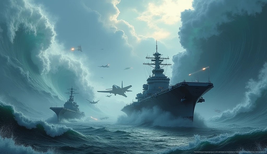 2024; (masterpiece, best quality) destroyed sea; giant waves; naval battles between aircraft carriers