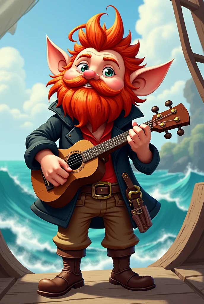 Red-haired spiky-haired pirate bard gnome, with red shirt, black leather jacket, Brown pants, with a ukulele on his back, sem beard