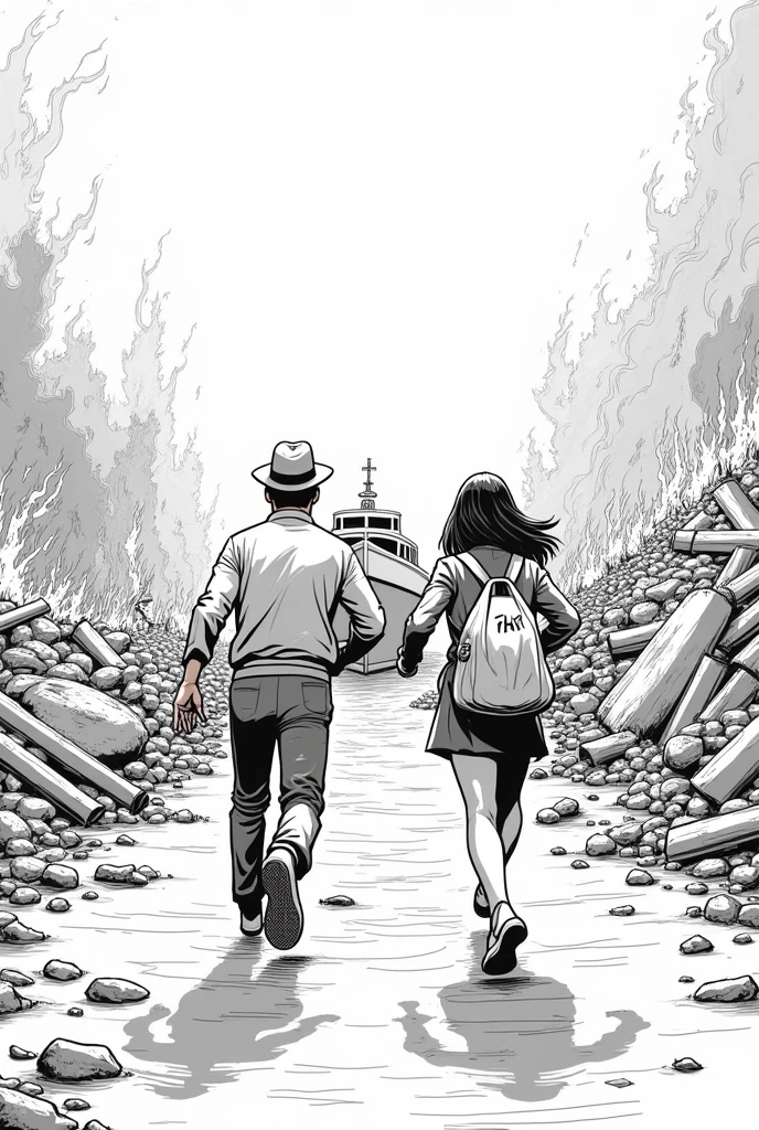 Make an easy to draw black and white drawing that isn&#39;t too realistic, of a man and a woman running towards a boat while everything around them is being destroyed and burned. put them running towards the sea to a boat , Make them both a little bigger so they don&#39;t look so childish , Don&#39;t make the drawing so realistic, Place the people with their backs turned and the arm in front of them , put the barb closer to them . Make sure there are no houses around it, only rubble. , Put a hat on the man and a bag with things on the woman 