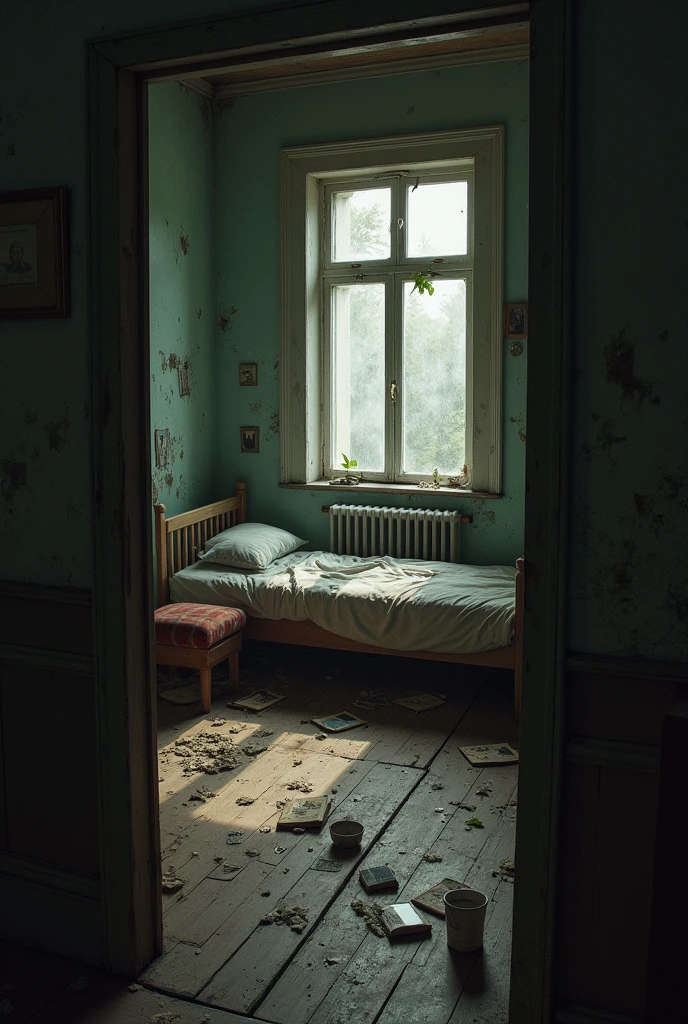 Room in an abandoned house apparently inhabited by someone 