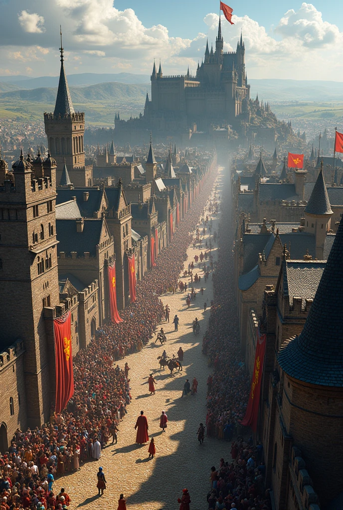 Create a huge medieval city seen from above celebrating a tournament with a castle as black as night in the background