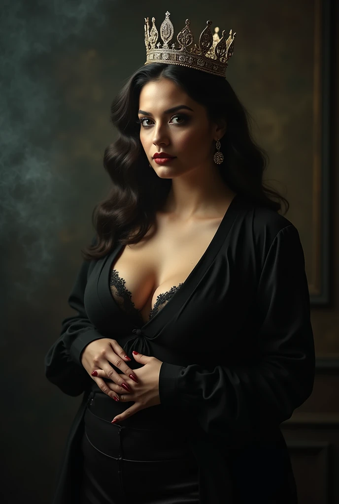 Woman with short black curly hair, with large breasts, dark coat dropped over the shoulders and an a ((white blouse inside)), no bra marking, detailed seductive eyes, taking a selfie, masterpiece, detailed, elegant, best quality, wide diffused light, backlight, flower, chromatic aberration, soft and sharp focus