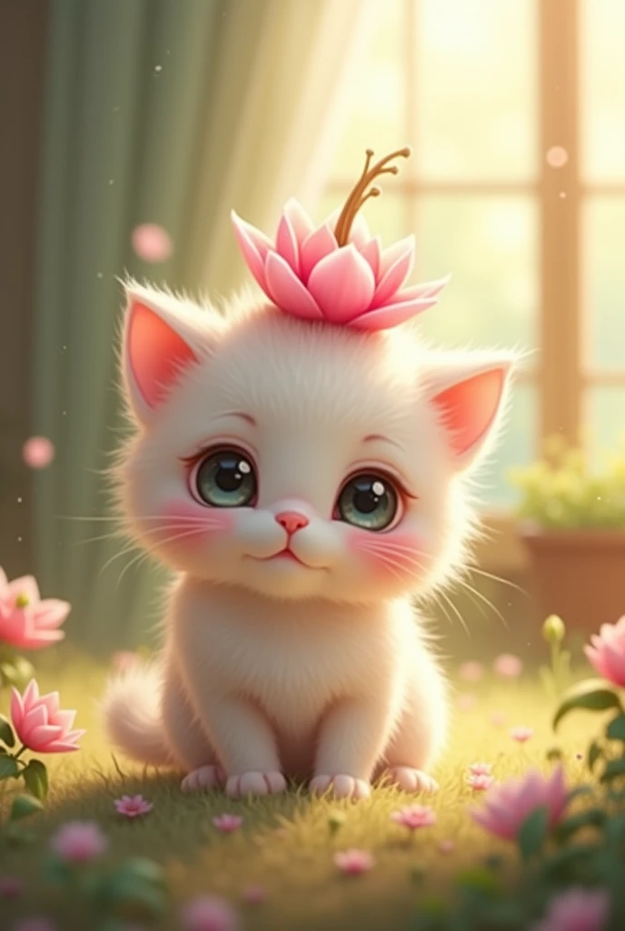 Kitten with a pink cheek sprout on its head