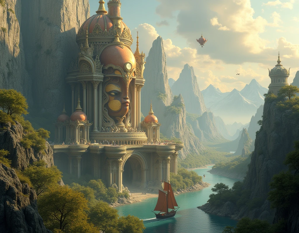 a fantastical majestically cityscape set atop a series of rugged cliffs overlooking a serene river. built from organic and metallic materials. Towering structures with intricate carvings and glowing panels rise into the sky, while smaller buildings and pathways wind through the city. Three colossal, androgynous faces are embedded in the central structure, also in the city features grand, classical architecture with soaring domes, towering spires, and intricate colonnades, all blending harmoniously with the natural landscape. The river, flanked by lush greenery and dramatic waterfalls in the distance, winds through the valley, dotted with sailing ships and boats. The sky is filled with fluffy clouds, and small airships hover above the city, adding a touch of steampunk flair to the scene. Majestic mountains loom in the background, creating a sense of scale and grandeur, while the golden sunlight bathes the entire scene in a warm, ethereal glow, majestic, Hyper realistic, splash art, concept art, mid shot, intricately detailed, color depth, dramatic, natural cinematic light, colorful background, highly detailed, 8k sharp focus, photorealistic, shallow depth of field