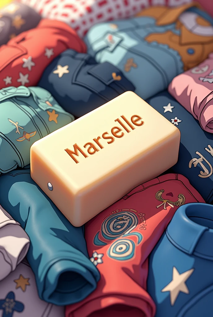 Soap bar with text Marseille on top of pile of clothes, anime