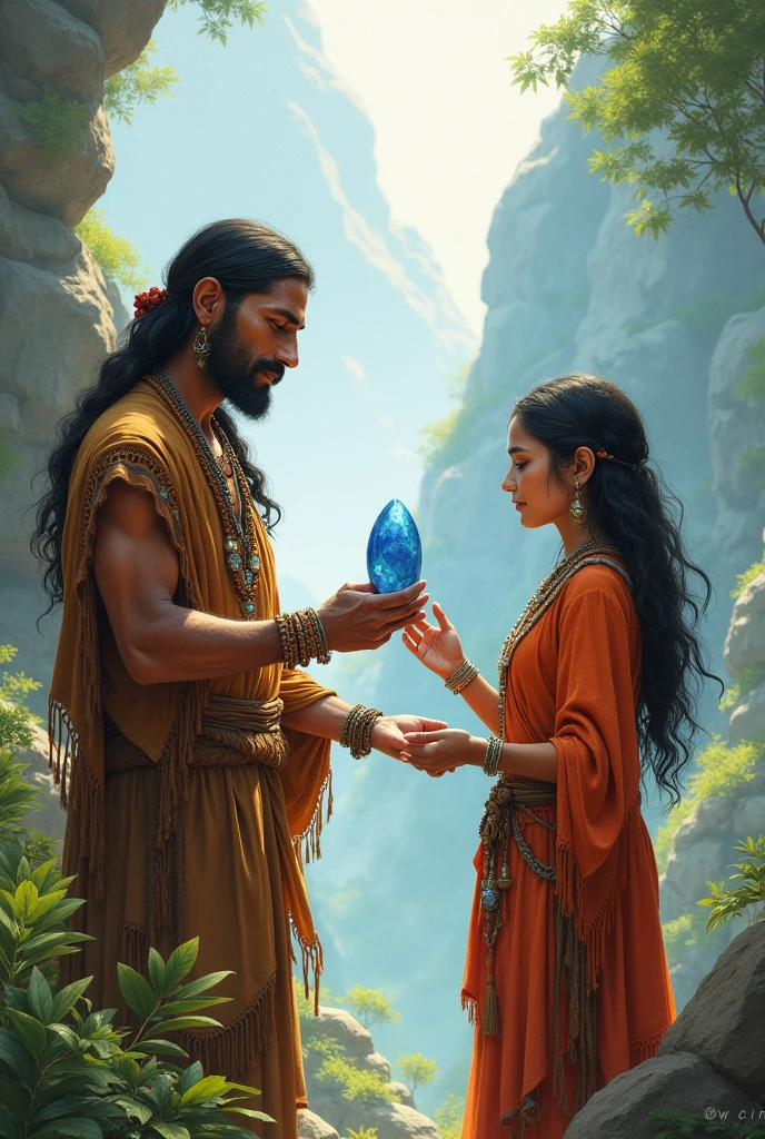 Woman handing fish to man and the same man handing bag to woman from the Neolithic period