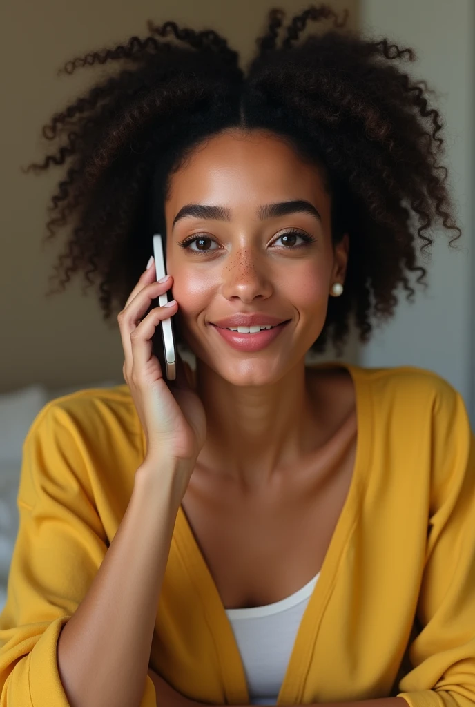 A Brazilian woman with a slightly round face, a white dot nose with a few freckles, a very pink nose and mouth talking on a realistic cell phone, just a cell phone lying on the bed with a yellow blouse