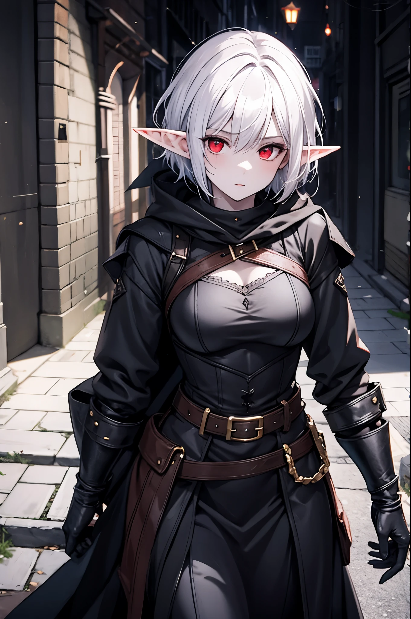 1girl, elf, fantasy, pale skin, (female rogue, assassin, wearing all black, black hood, black cape, cleavage, black skirt, leather pouch:0.5, belt:0.5), red eyes, (short hair, sidelocks, white hair), nighttime, dark atmosphere, dark background, dark alley in a medieval city