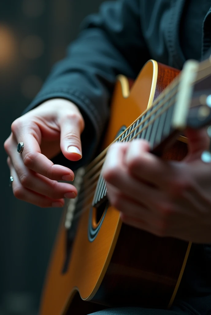 small magnets fitted to the fingers of the hand, playing a guitar whose string is also made of magnets 