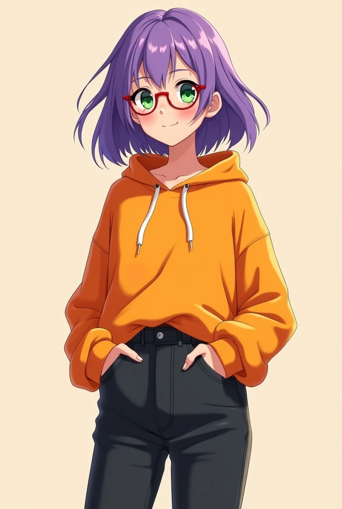 2d anime girl with bright orange sweatshirt (don’t draw hood for the sweatshirt), baggy black jeans and sneakers. She has middle length purple hair, green eyes, glasses and freckles