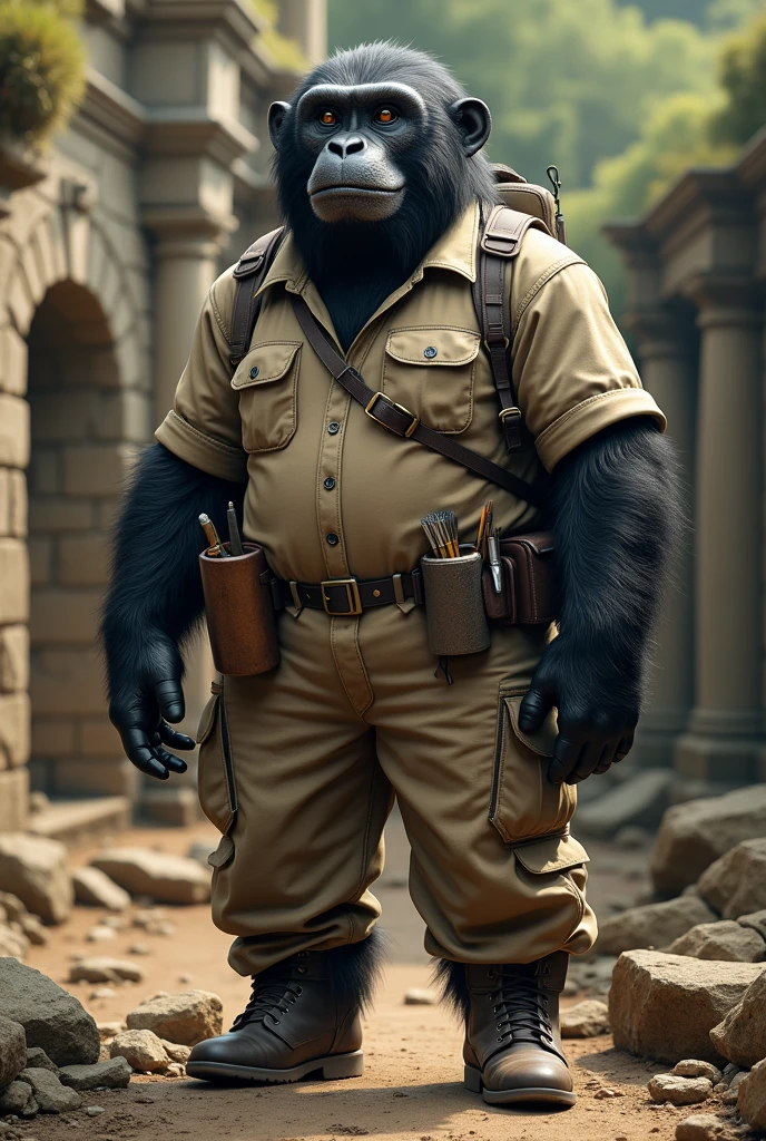 A large female black howler monkey wearing an archaeologist's clothes and an archaeological site behind him realistic, real, high resolution detail, full photo like real