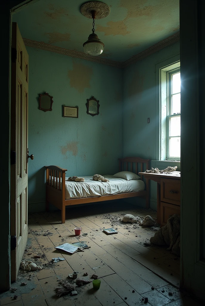 Room in an abandoned house apparently inhabited by someone 