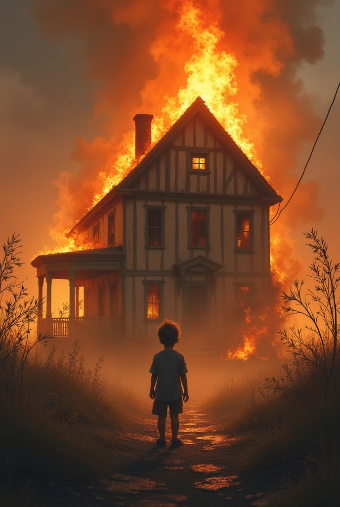 An old house on fire and a  looking into the distance 