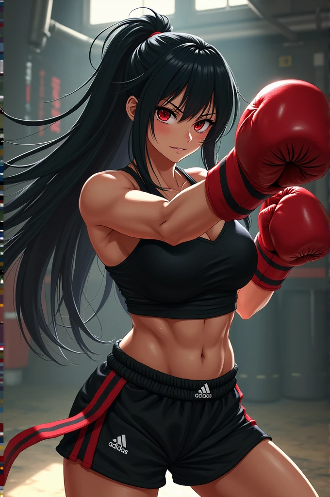 Bakougo in a girl black shoulder long hair red eyes and sport addidas black red clothes,Kickboxing, Mösculus ,