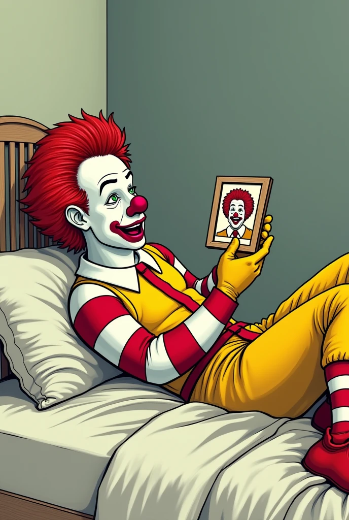 image size 1:1 of Ronald McDonald lying on a bed, holding and looking at a framed photo with the camera angle to the side. The image must be in comic book style 