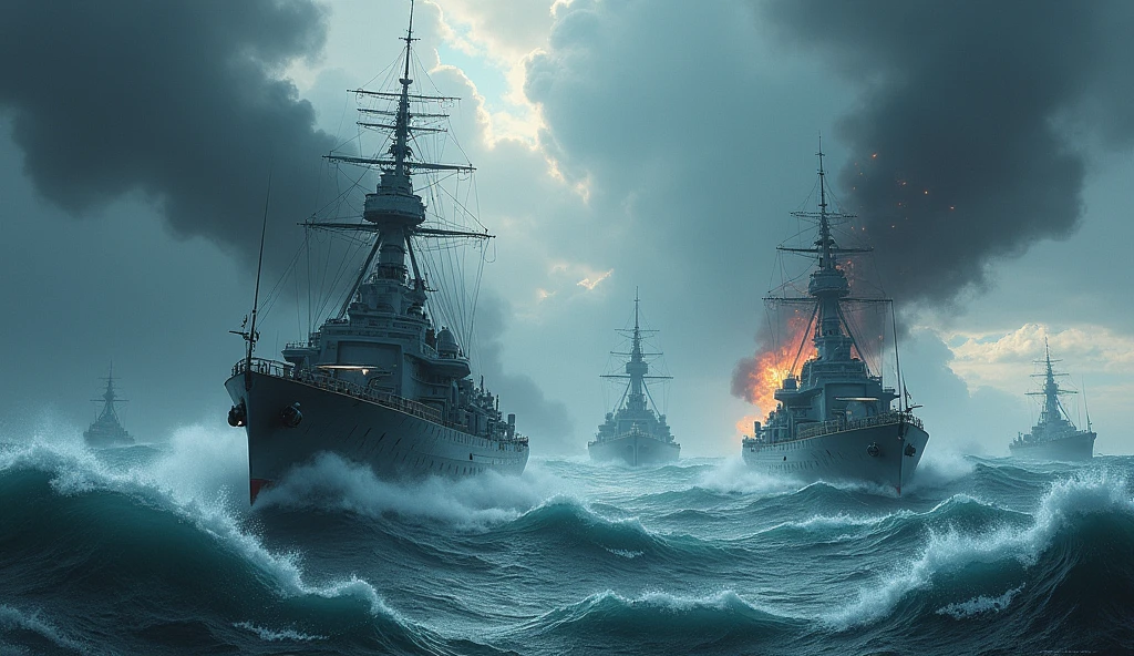 1934; (masterpiece, best quality) destroyed sea; giant waves; navy naval battles