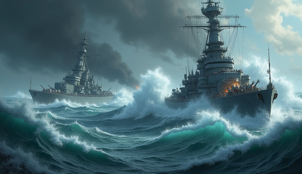 1934; (masterpiece, best quality) destroyed sea; giant waves; navy naval battles