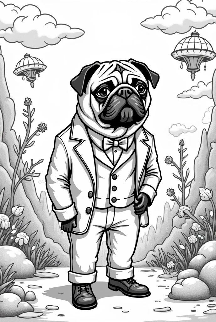 a pug in black and white clothes to color , magical world background ,Sketch style, use only outline, line art coloring book, clean line art