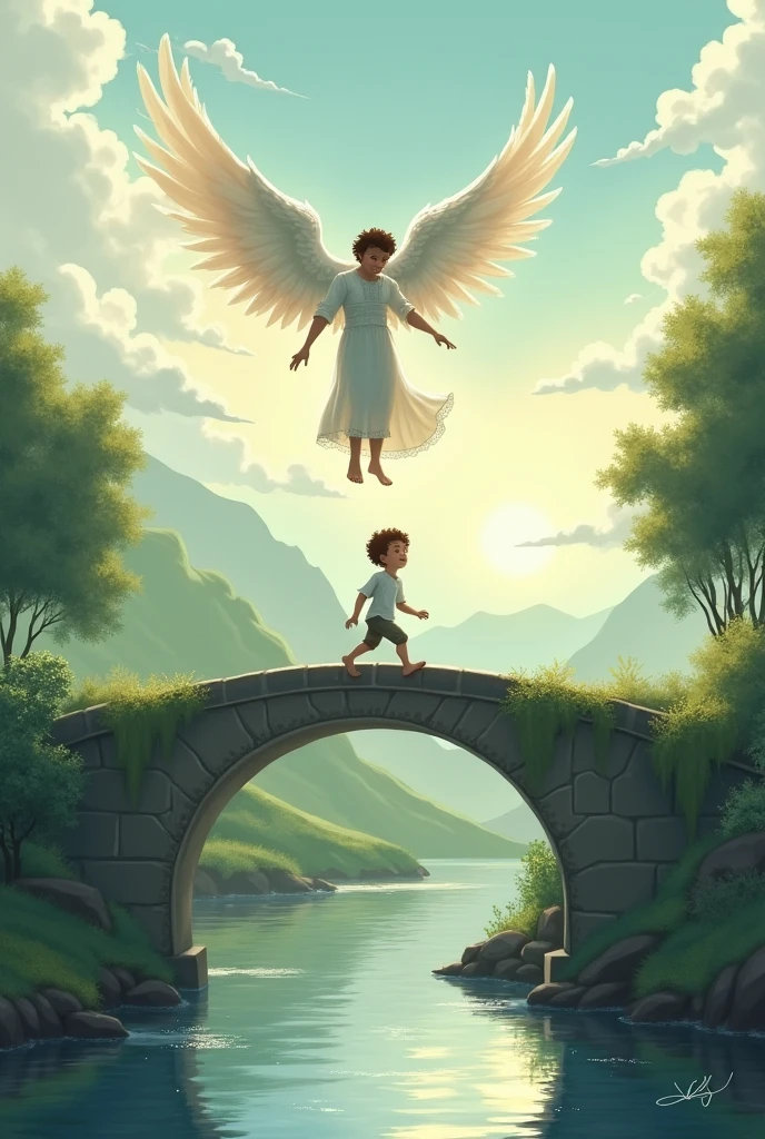 a child walks across a bridge across a river and above him an angel drags a male figure