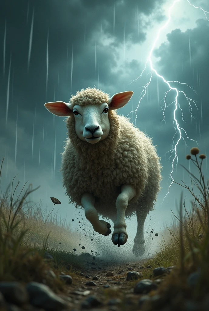 A SHEEP RUNNING ALL DIRTY, DARK SKY WITH LIGHTNING AND STORM