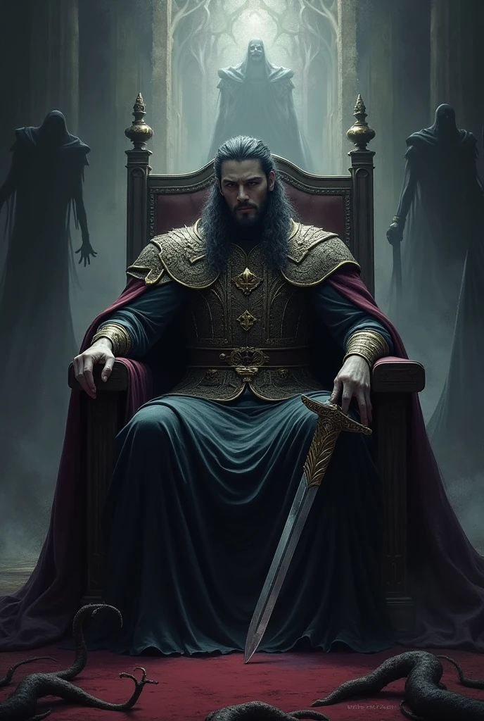 12. **Phrase :** "Il devient un roi sage et puissant, mais toujours conscient que l'obscurité veille en lui, ready to resurface at any moment."
    - **Prompt d'image :** A powerful image of Kael, roi, seated on his throne, a faint dark aura surrounding him. Sa main repose sur la garde de son épée, with shadows lurking around the throne room, symbolizing the constant presence of darkness within him.