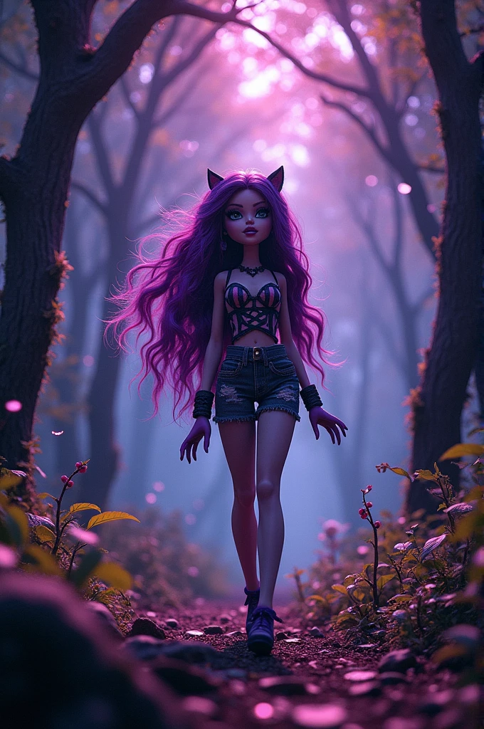 do a screengrab superpanavision 70 movie. retro in color. Clawdeen Wolf From monster high In a mitical forest