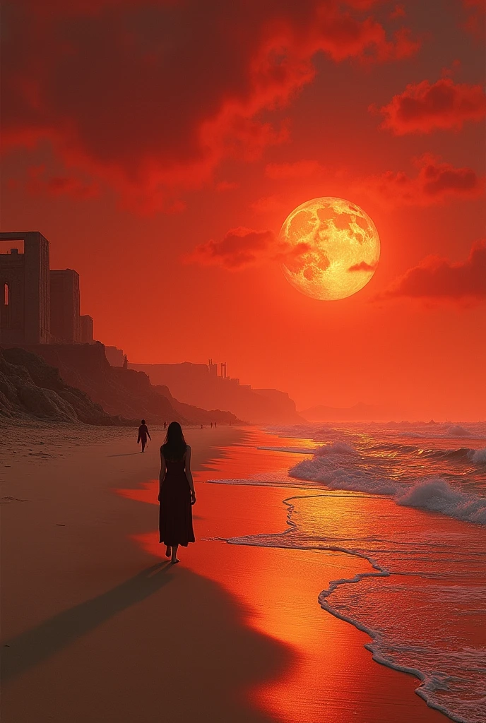 Red atmosphere beach with a sky made of lava, flat sand continental side with some ruins of temples scattered around, faceless people with no clothes wandering, turbulent sea