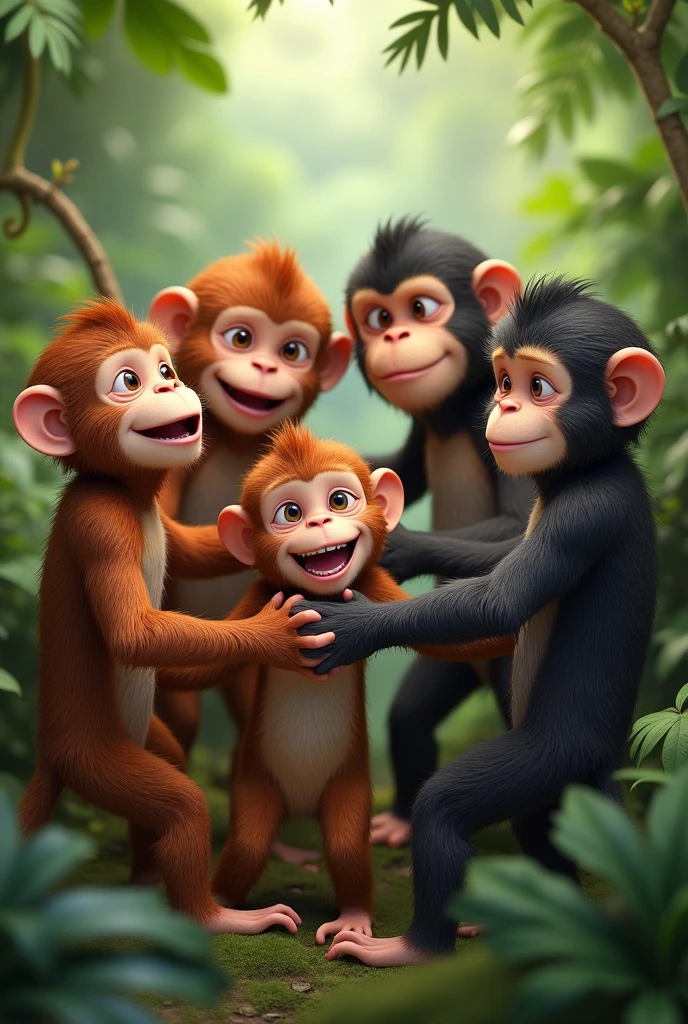 Monkeys holding hands in a circle
