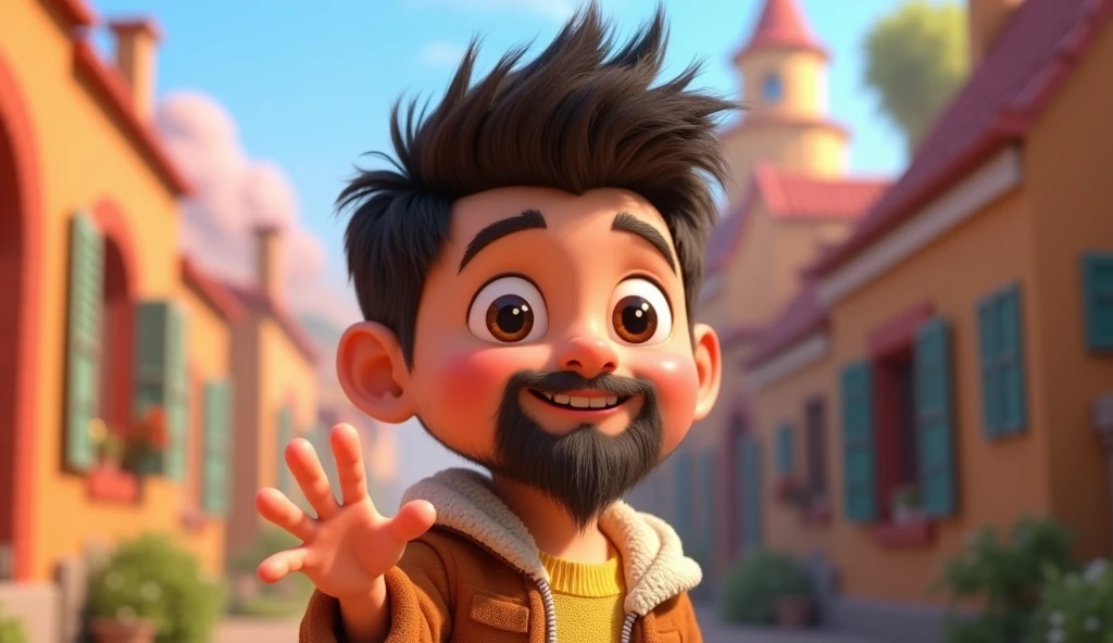 boy, low beard, teased hair, face, disney pixar 3d cartoon, waving his one hand show full body