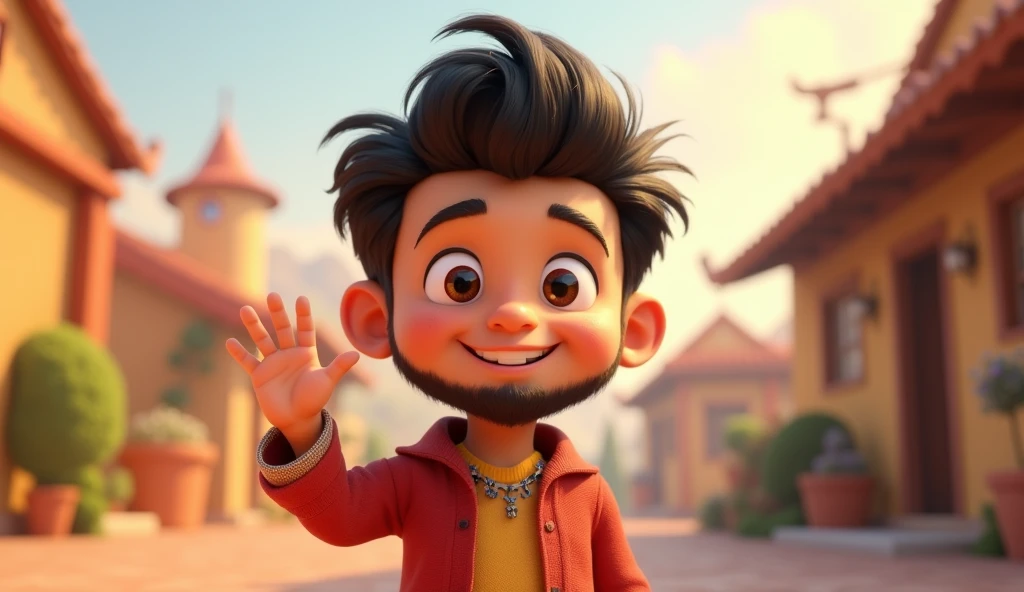 boy, low beard, teased hair, face, disney pixar 3d cartoon, waving his one hand show full body