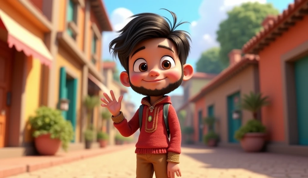 boy, low beard, teased hair, face, disney pixar 3d cartoon, waving his one hand show full body