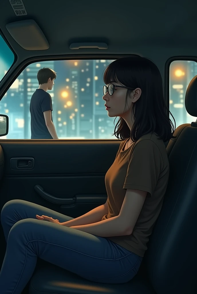 At night, a girl wearing a brown top, jeans and glasses is sitting in the third last row of a taxi and thinking about a boy wearing a dark blue shirt, jeans and white shoes.