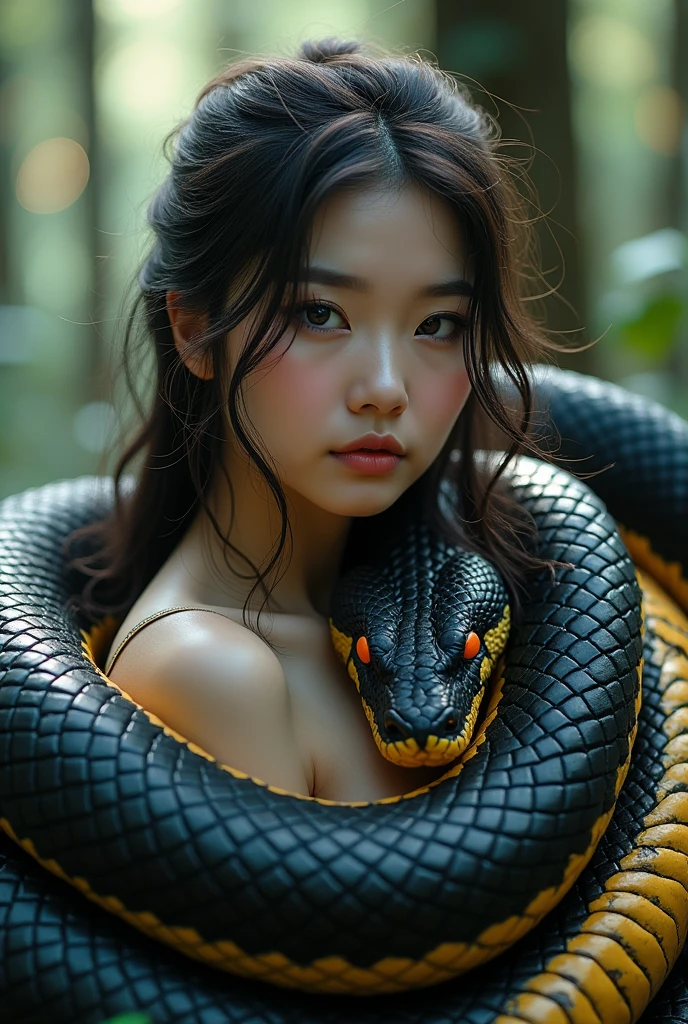 beautiful korean woman and a black goldneon big giant king cobra wrapped around the body, the head to the side, raw photo dslrbreak ultra detailed masterpiecebest qualitymagic forest scene where the trees come to life and emit a soft ethereal light glow1216k, facing the camera